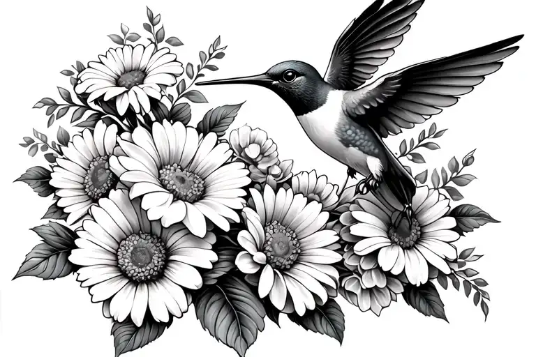 Humming Bird Flying Around Lillie's Daisies And Roses