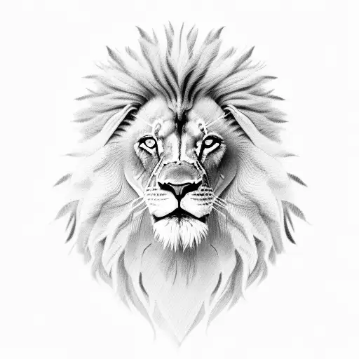 A Black And Grey Realistic Portrait Of A Male Lion With Intricate Details Of Its Mane