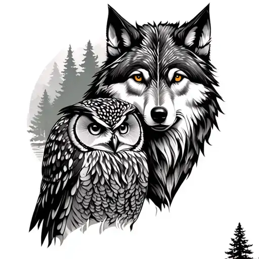 Wolf In Forest With Owl