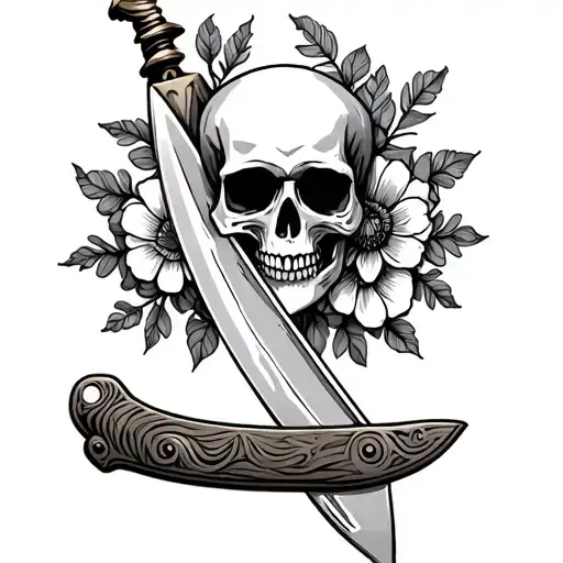 Knife With Skull And Flowers