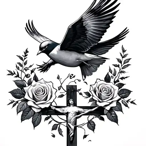 8 Bird Flying Towards Roses And Jesus Cross Surrounded