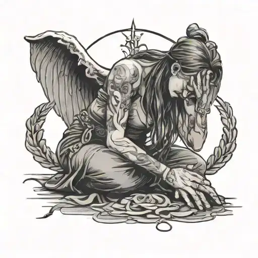 A Woman On Her Knees In Prayer With A Spiritual Battle Of Good And Evil Going On Above Her