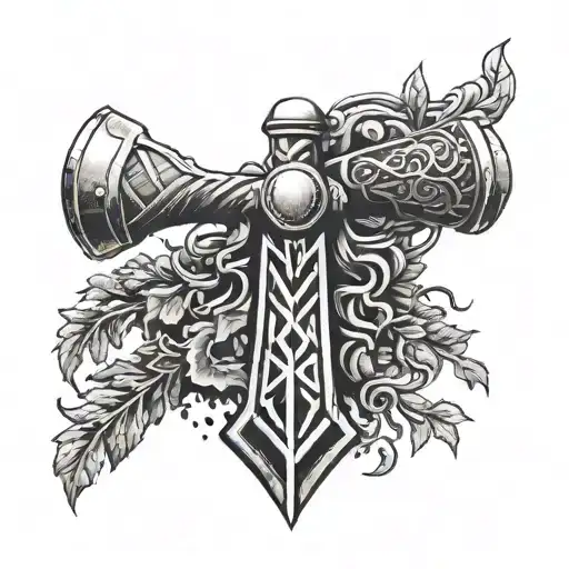 Thor Hammer And Lightings With Nordic Runes And Yggdrasil And Valknut Forearm