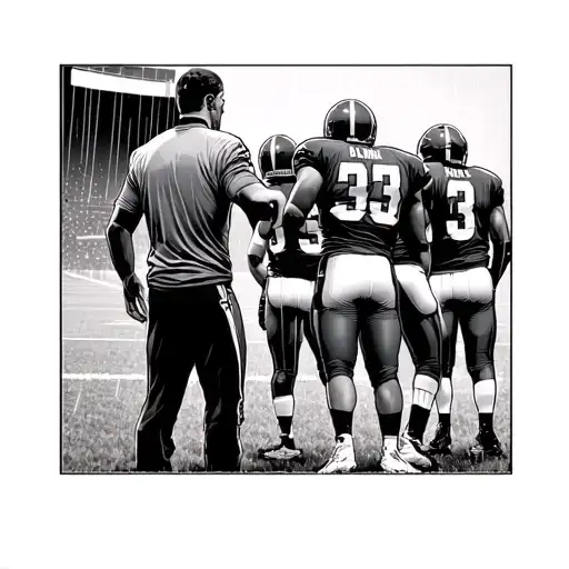 Coach Talks To Players On The Football Field While It Rains