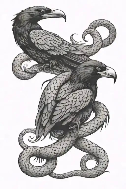 Snake Wrapping Around Raven Whille They Stare At Each Other