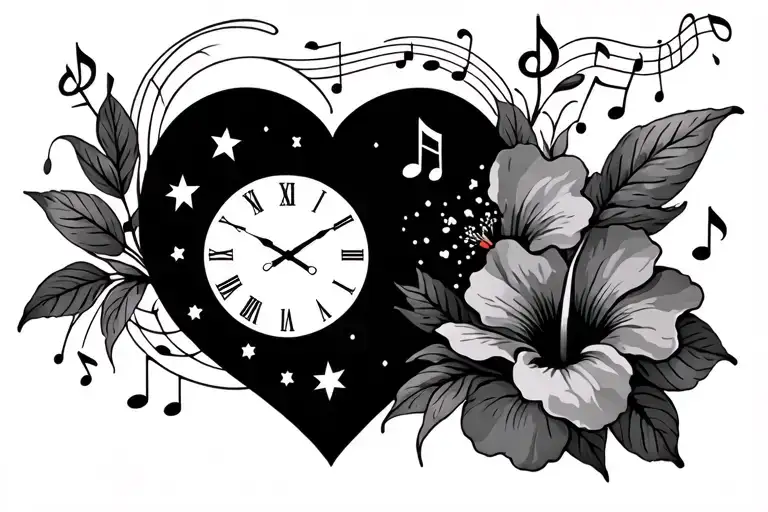 Moon Heart Clockface Time Stars Music Note Hibiscus Flowers