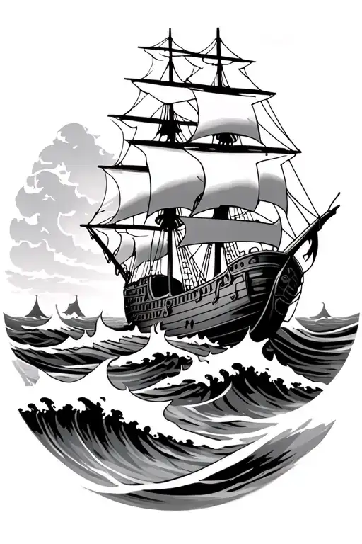 A Pirate Ship That Sails In The Waves Flowing Water