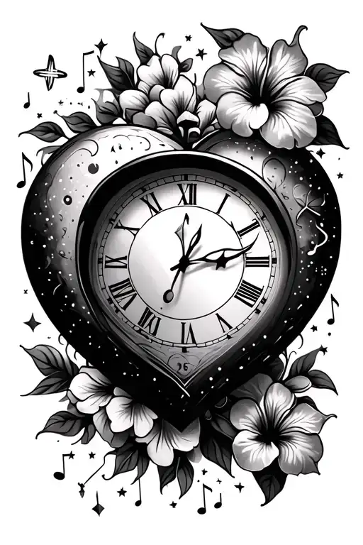 Moon Heart Clockface Time Stars Music Note Intertwined Hibiscus Flowers