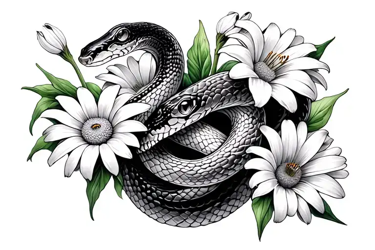 Snake Wrapping Around Daisy Lily Flowers