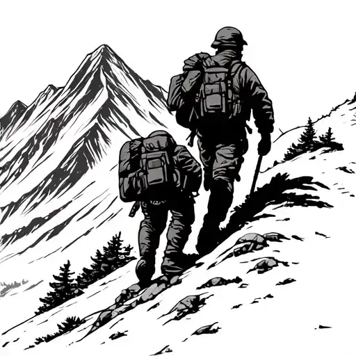 A Silhouette Of A Soldier Hiking Up A Rugged Mountain Trail