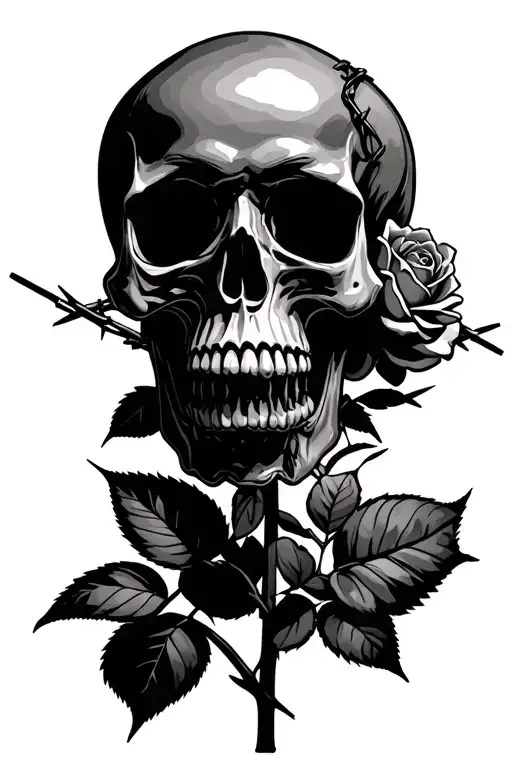 Skull Holding A Rose With Barbed Wire Accents