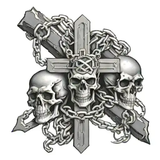 Chains Wrapped Around A Cross With Three Skulls Infront Of It