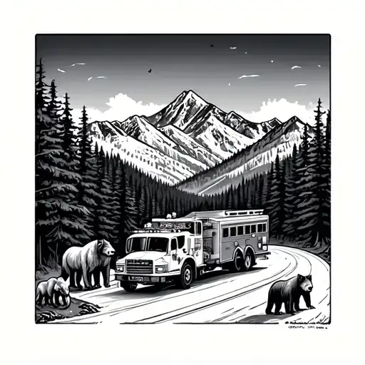 Road Into Mountain With Fire Truck Driving On Road And Bears And Wolves In The Forest