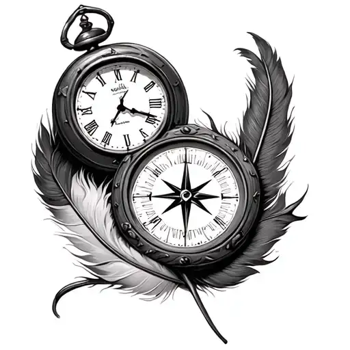 Compass And Clock Combined With A Feather