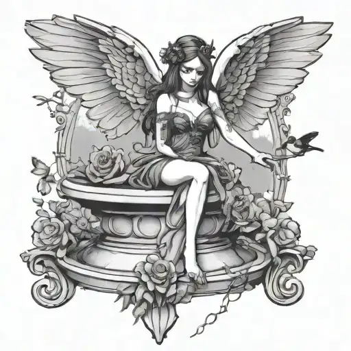 Gothic Fairy Sitting On A Bird Bath With A Broken Wing In The Middle Of A Cemetery