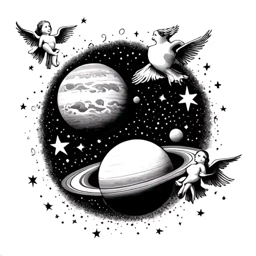 Planets And Stars With Heaven And Small Angels Flying