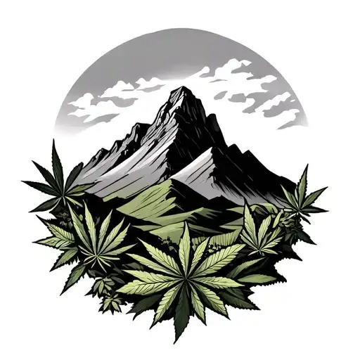 A Stylized Black And Grey Tattoo Of Table Mountain Surrounded By Lush Greenery And Cannabis Leaves
