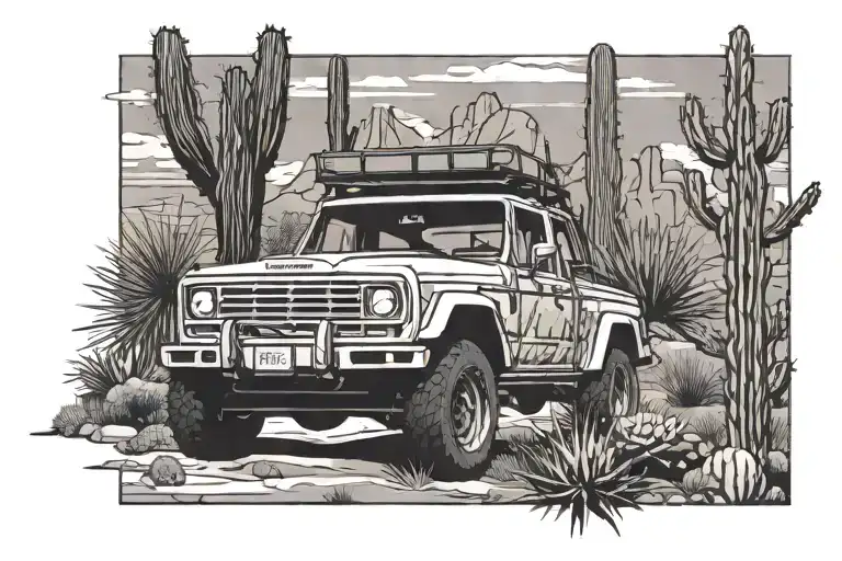 Black And White Stencil Simple Jeep Truck Climbing Steps In Cactus Garden