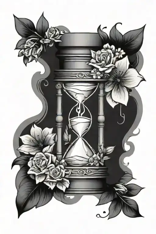 Hourglass With Crying Eye In Top Surrounded By Flowers
