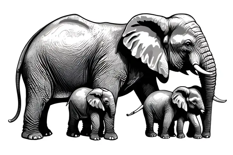 Momma Elephant With 3 Different Age Babies