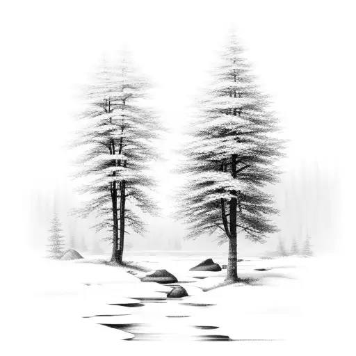 A Serene Forest Scene With A Peaceful River Flowing Through It