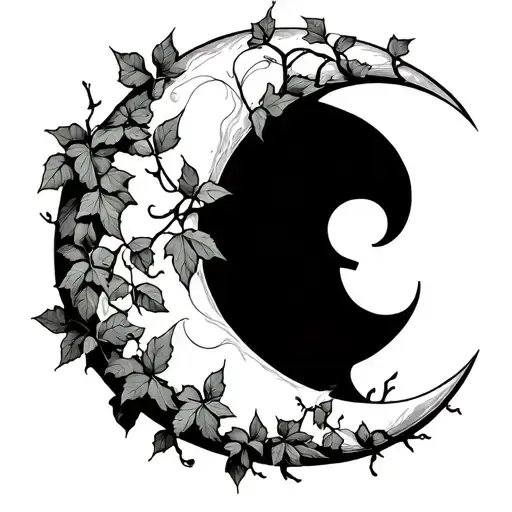 Simple Line Work Crecent Moon With Wrapped Ivy Leaves