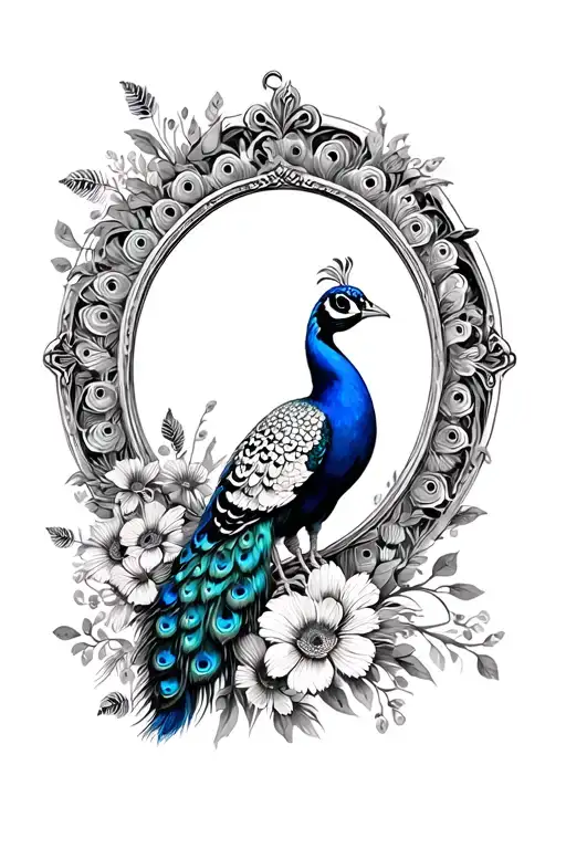 Peacock In A Vintage Frame And Wild Flowers Coming Out Of The Frame Partially At The Top