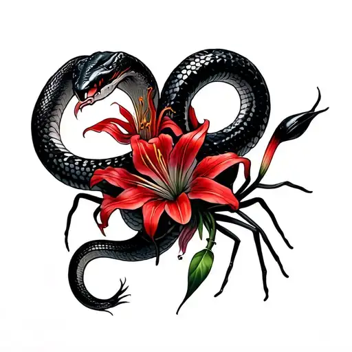 Dark Snake With Spider Red Lilies
