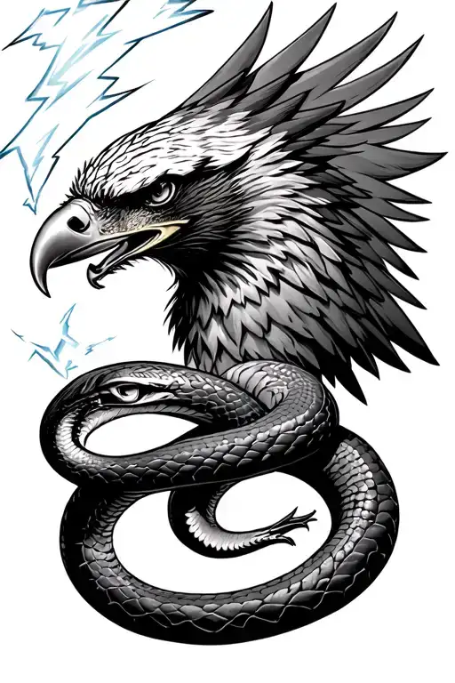 Eagle Head Biting Snake Holding Lightning Bolt Striking Into Something