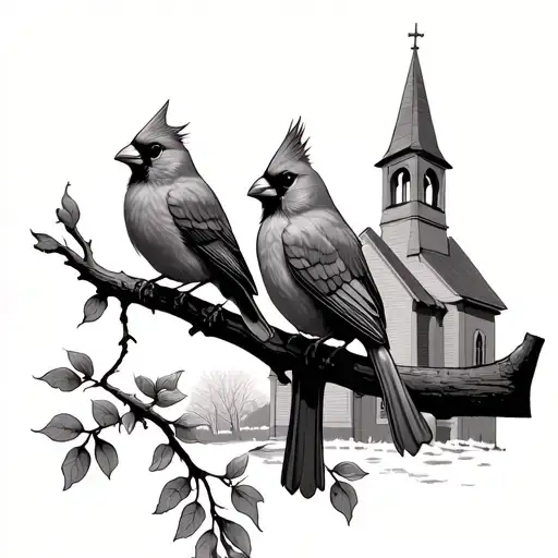 Male And Female Cardinals Sitting On A Branch Overlooking A Church
