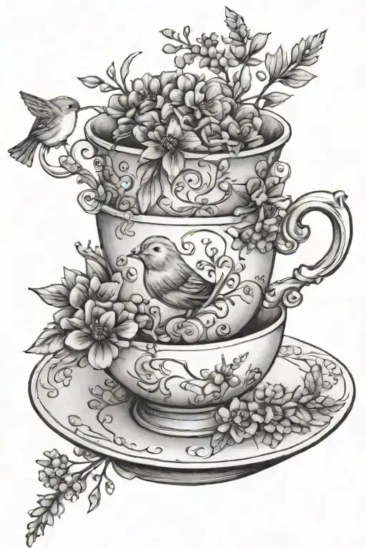 One Teacup With A Happy Little Bird And French Lavender