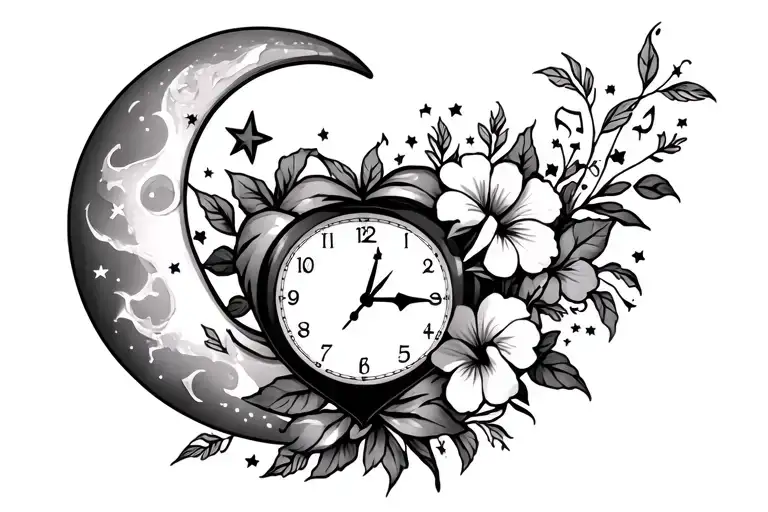 Moon Heart Clockface Time Stars Music Note Hibiscus Flowers Ribbon