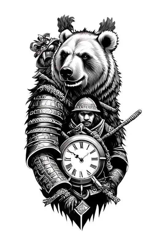 Sleeve Tattoo With A Clock On The Forearm And A Samurai On The Shoulder Of A Bear