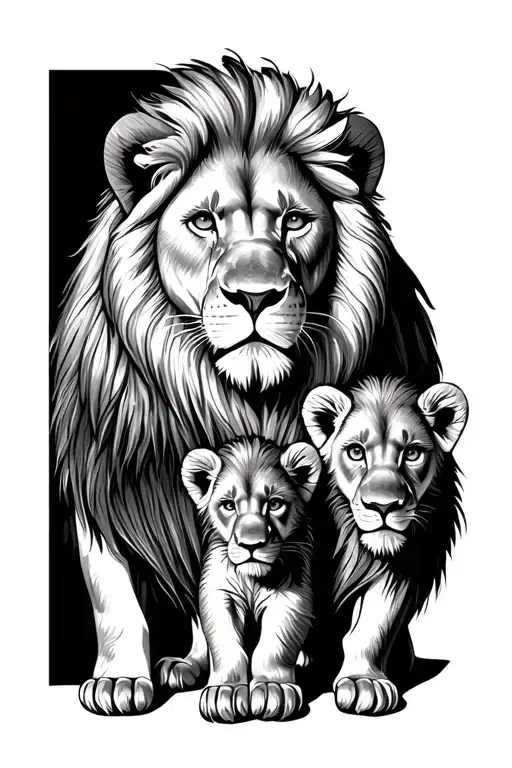Dad Lion Protecting 2 Cubs