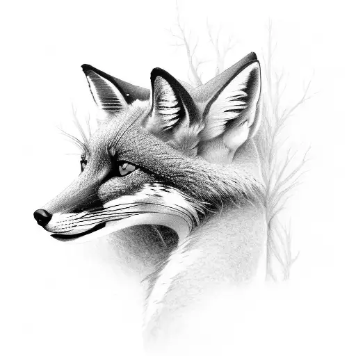 A Detailed Black-grey Tattoo Of A Majestic Fox Blending Into A Lush Forest Background