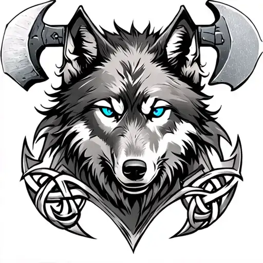 Wolf With Blue Eyes On Armor Tattoo Design Featuring Celtic Trinity Knot Tattoo With Axe