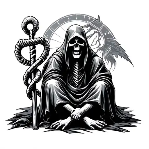 Rod Of Asclepius With Grim Reaper Sitting