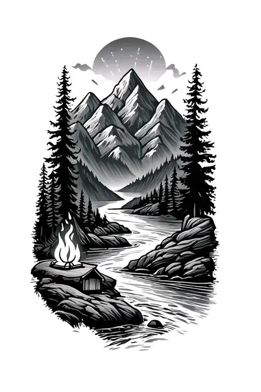 Mountains And Rivers And Camping Fire