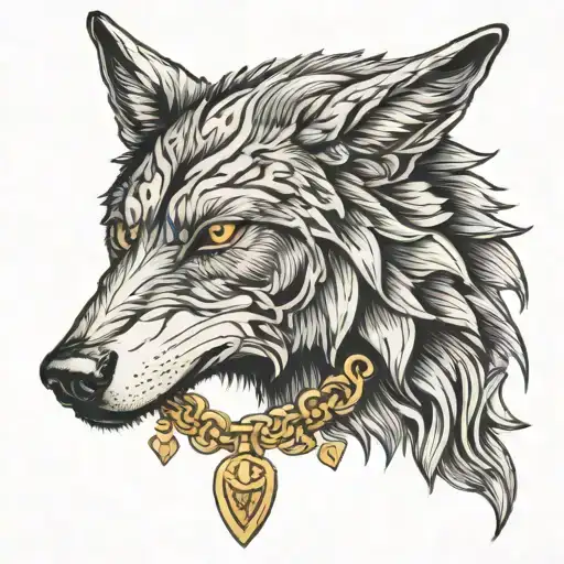 Lone Wolf Head Wearing A Gold Necklace