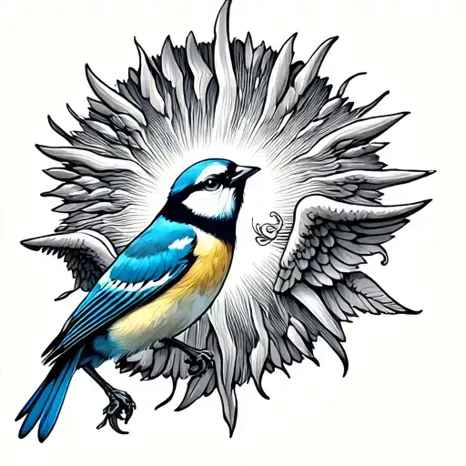 Blue Tit And Sun In Angelic Background