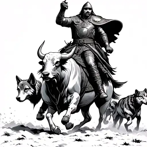 Russian Midevil Warrior Riding A Bull And Wolves Running