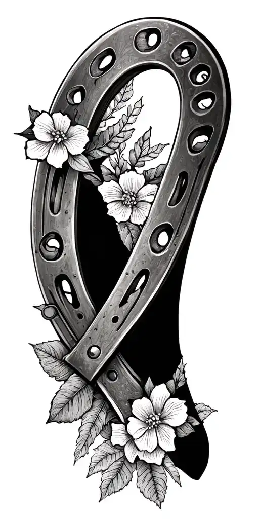 A Dotwork Tattoo Of A Horseshoe Surrounded By Spurs And Delicate Floral Elements