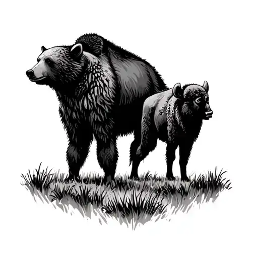 Bear And Bison In A Field