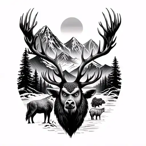 Large Tatto Of Eagle Whitetail Buck Bison Owl And Elk With Mountain Landscape