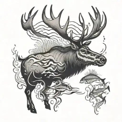 School Of Fish Swimming Around A Silhouette Of An Elk