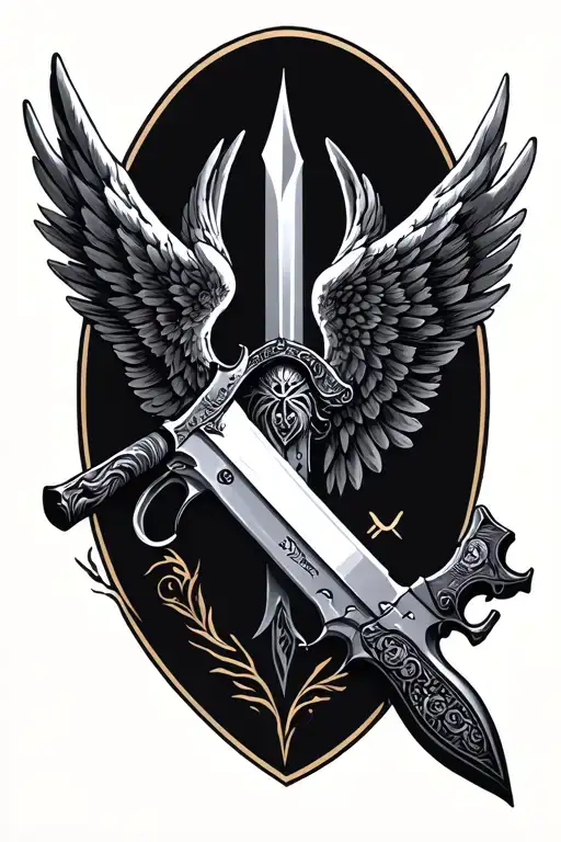 Fantasy Blade With Angel Wing On Left Side And Gun Wing On Right Side