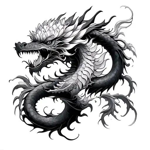 Dragon Black Grey Tattoo Design Featuring Chrysanthemum