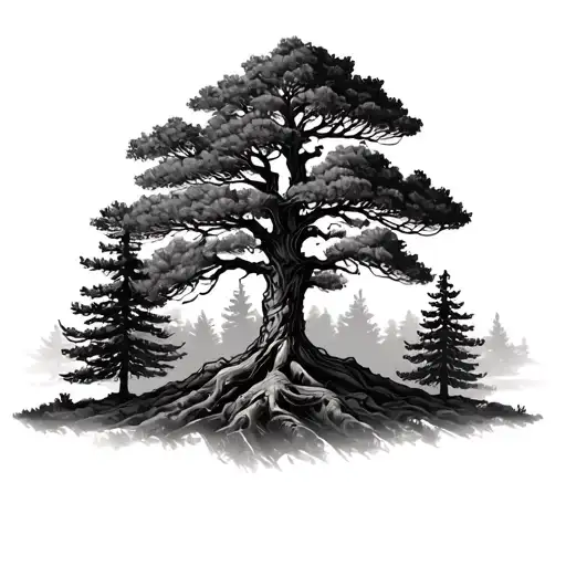 Oak Tree And Pine Trees