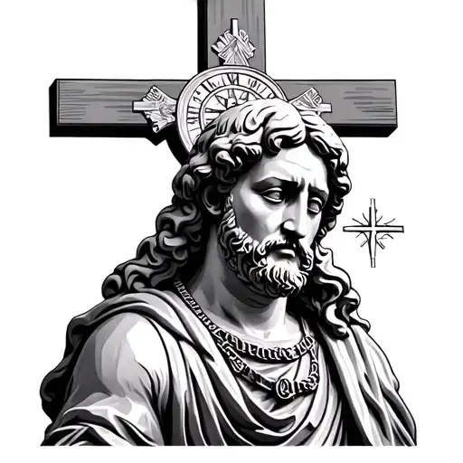 A Statue Portrait Of Paul The Apostle With A Compass Around His Neck In Front A Cross