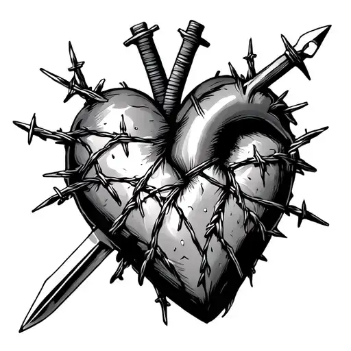 Broken Heart With Barbed Wire Stitching Back Together And Two Ice Daggers Stabbed Into It